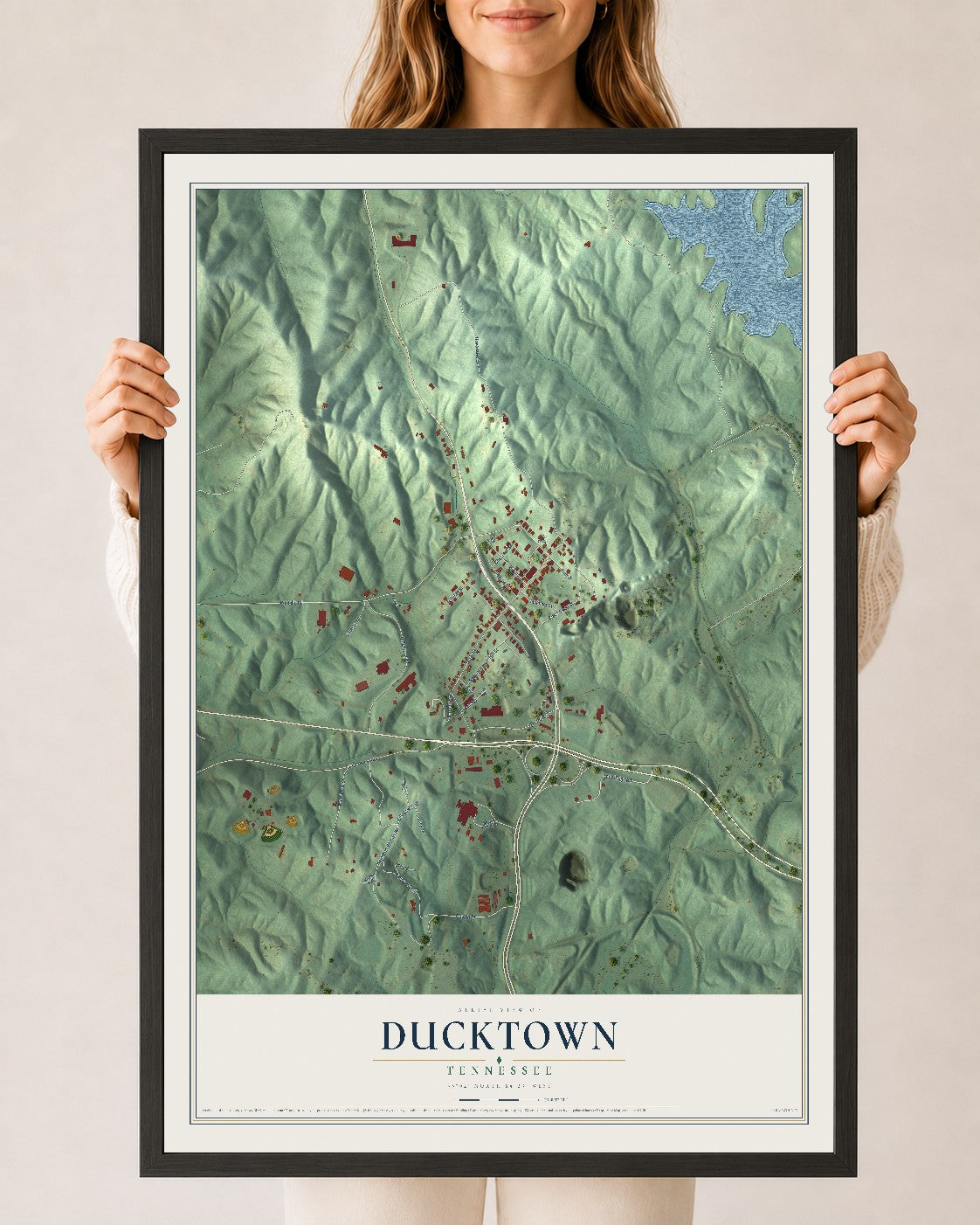 Map of Ducktown, Tennessee, 24 x 36 inch print in a black wood frame