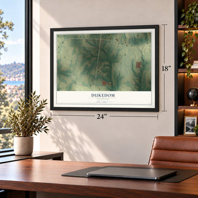 Dukedom, Tennessee map, 18 x 24 inch print in a black frame in a home office