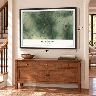 Dukedom, Tennessee map, 24 x 36 inch print in a black frame above a dresser by a staircase