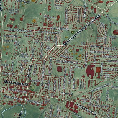 Close-up of the map of Dyersburg, Tennessee print showing street and building detail