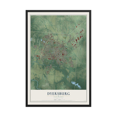 Map of Dyersburg, Tennessee, 12 x 18 inch print in a black wood frame