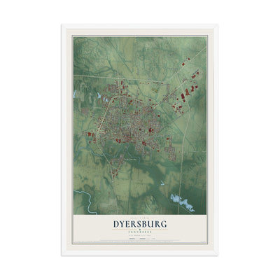 Map of Dyersburg, Tennessee, 12 x 18 inch print in a white wood frame