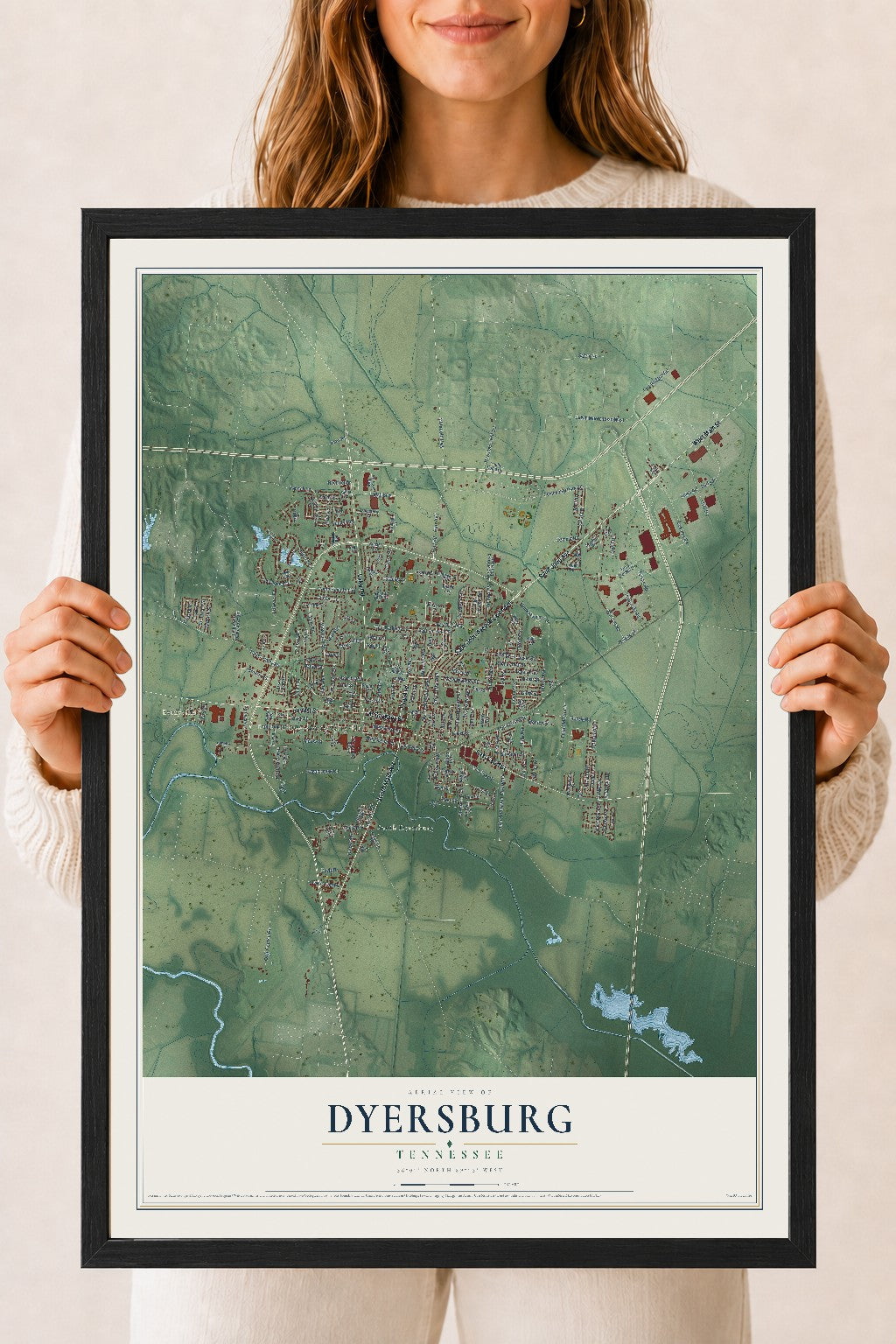 Map of Dyersburg, Tennessee, 18 x 24 inch print in a black wood frame