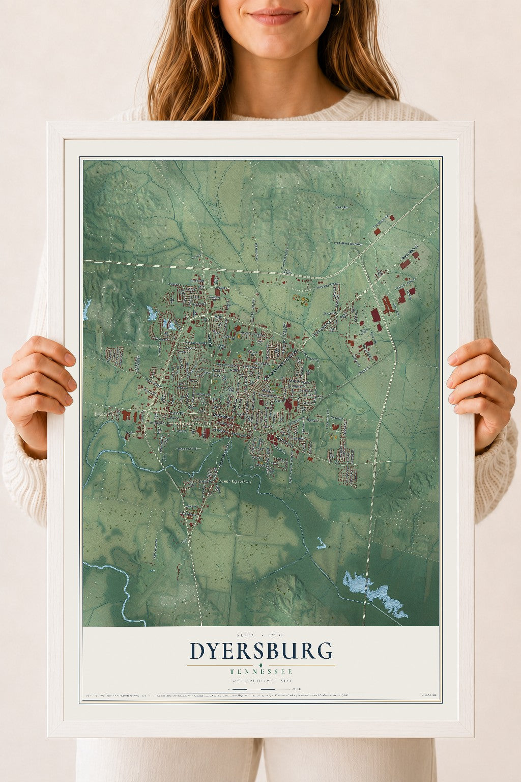 Map of Dyersburg, Tennessee, 18 x 24 inch print in a white wood frame