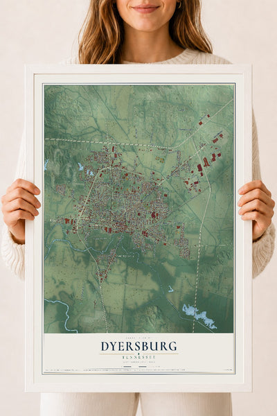 Map of Dyersburg, Tennessee, 18 x 24 inch print in a white wood frame