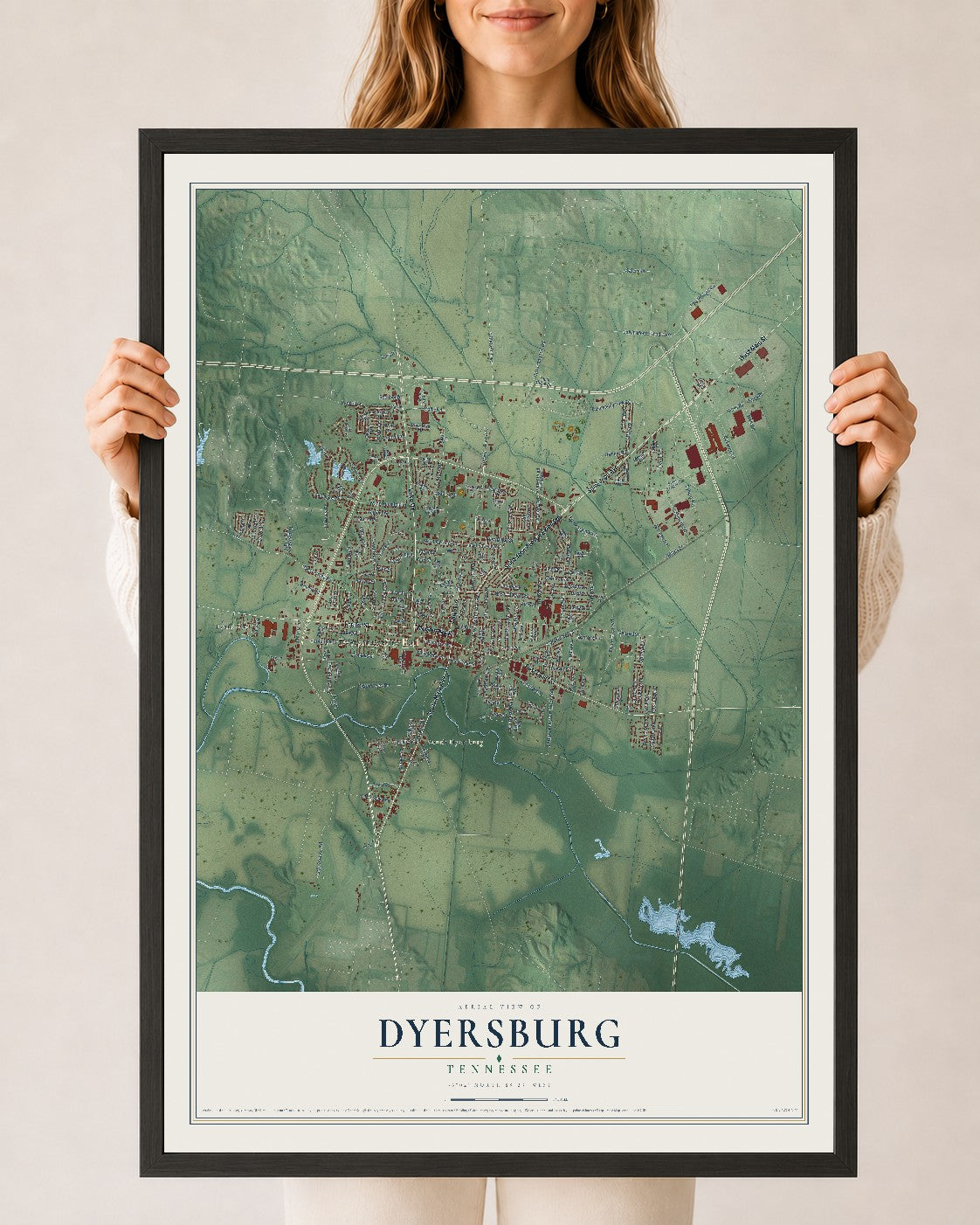 Map of Dyersburg, Tennessee, 24 x 36 inch print in a black wood frame