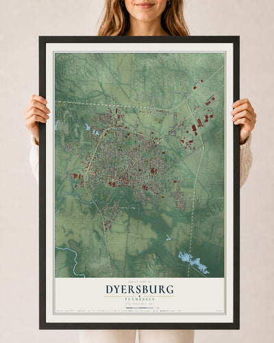 Map of Dyersburg, Tennessee, 24 x 36 inch print in a black wood frame