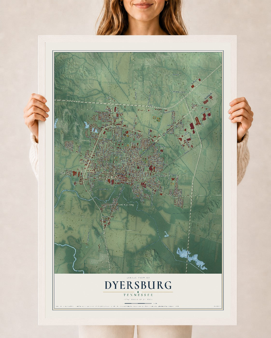 Map of Dyersburg, Tennessee, 24 x 36 inch print in a white wood frame