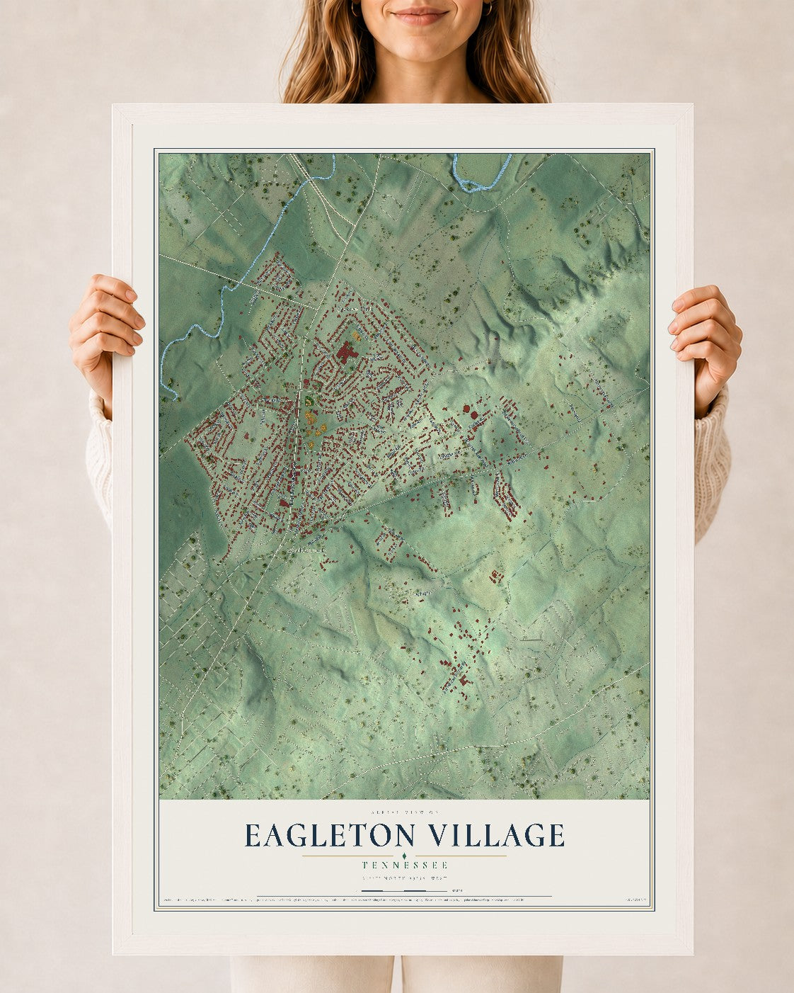 Map of Eagleton Village, Tennessee, 24 x 36 inch print in a white wood frame