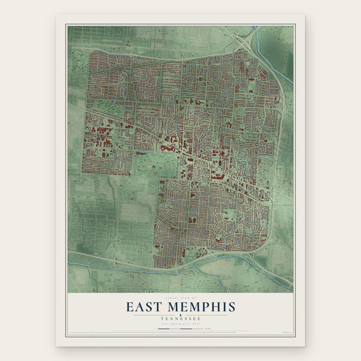 East Memphis, Tennessee map print, the full design