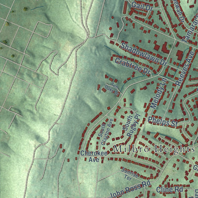 Second close-up of the map of East Ridge, Tennessee print showing more streets and buildings