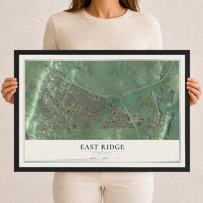 Map of East Ridge, Tennessee, 12 x 18 inch print in a black wood frame