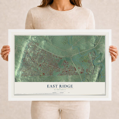 Map of East Ridge, Tennessee, 12 x 18 inch print in a white wood frame