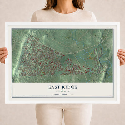 Map of East Ridge, Tennessee, 18 x 24 inch print in a white wood frame