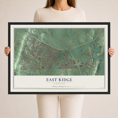 Map of East Ridge, Tennessee, 24 x 36 inch print in a black wood frame