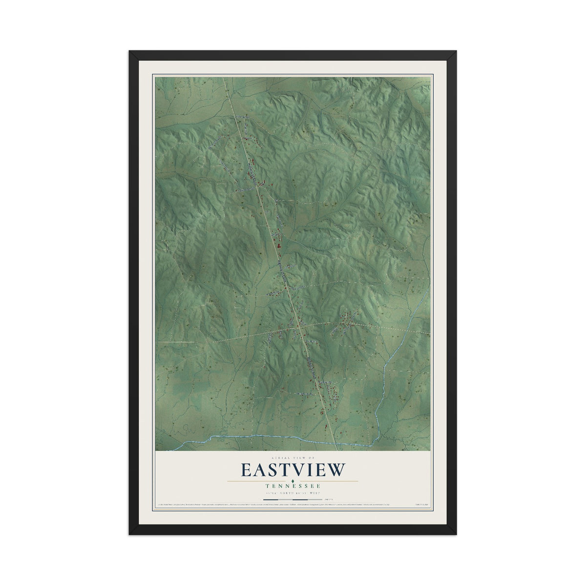 Map of Eastview, Tennessee, 12 x 18 inch print in a black wood frame