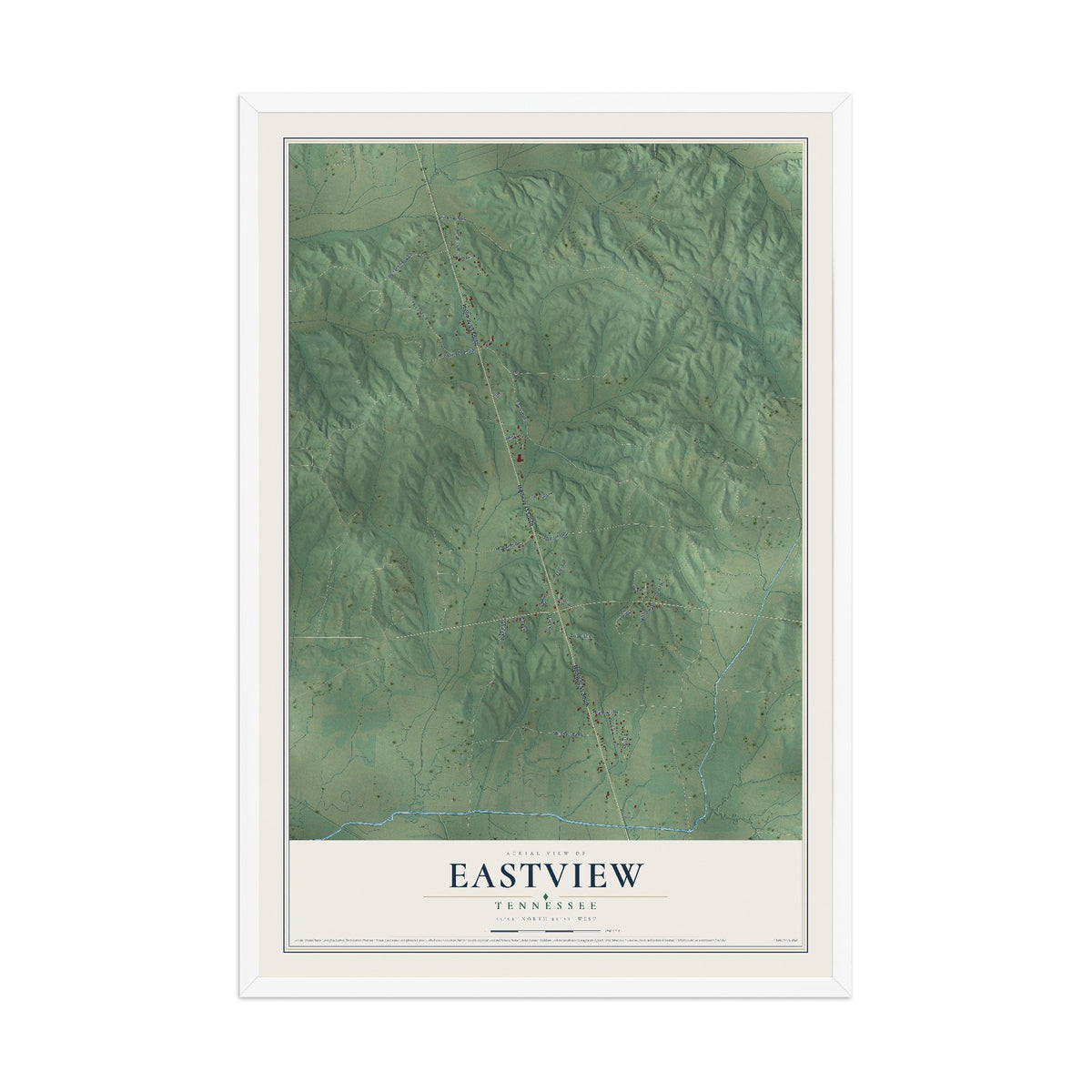 Map of Eastview, Tennessee, 12 x 18 inch print in a white wood frame