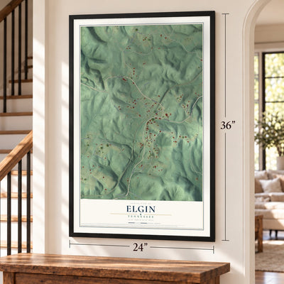 Elgin, Tennessee map, 24 x 36 inch print in a black frame by a staircase
