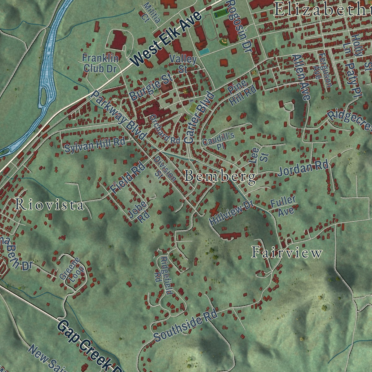Second close-up of the map of Elizabethton, Tennessee print showing more streets and buildings