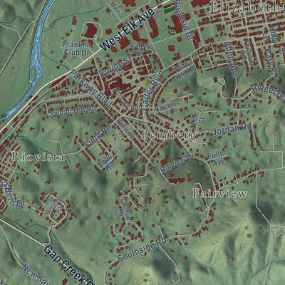 Second close-up of the map of Elizabethton, Tennessee print showing more streets and buildings