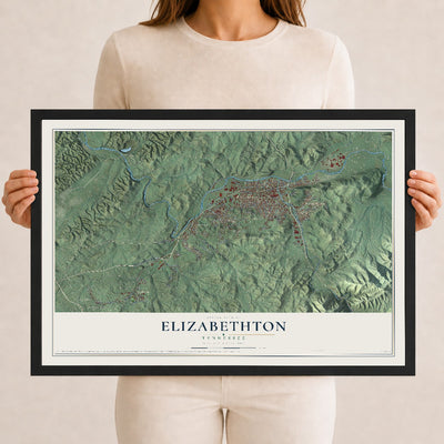 Map of Elizabethton, Tennessee, 12 x 18 inch print in a black wood frame