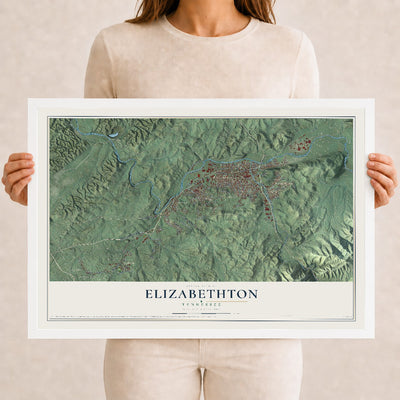 Map of Elizabethton, Tennessee, 12 x 18 inch print in a white wood frame