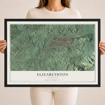 Map of Elizabethton, Tennessee, 18 x 24 inch print in a black wood frame