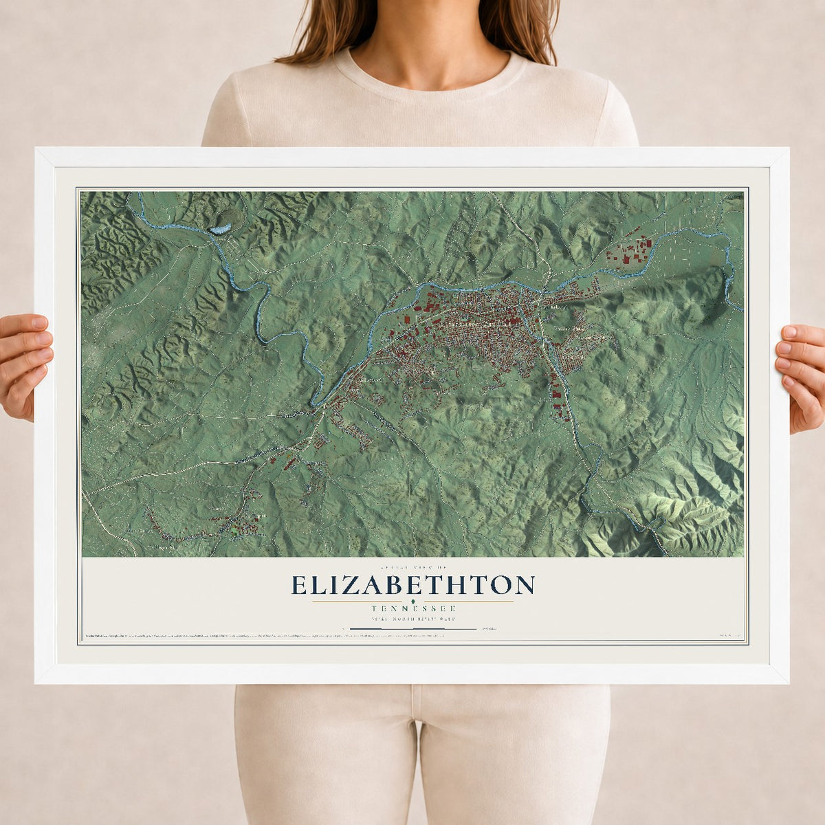 Map of Elizabethton, Tennessee, 18 x 24 inch print in a white wood frame