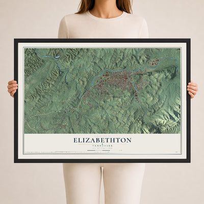 Map of Elizabethton, Tennessee, 24 x 36 inch print in a black wood frame