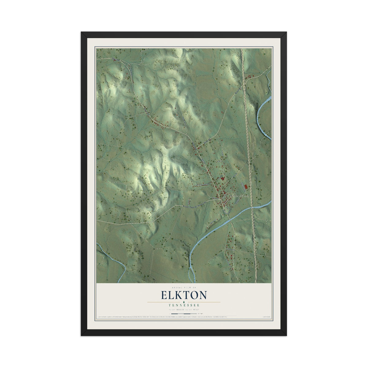 Map of Elkton, Tennessee, 12 x 18 inch print in a black wood frame