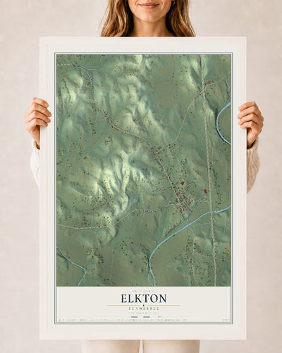 Map of Elkton, Tennessee, 24 x 36 inch print in a white wood frame