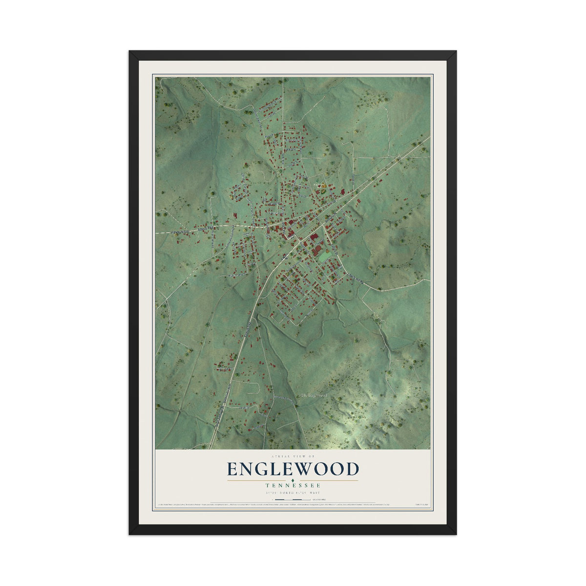 Map of Englewood, Tennessee, 12 x 18 inch print in a black wood frame