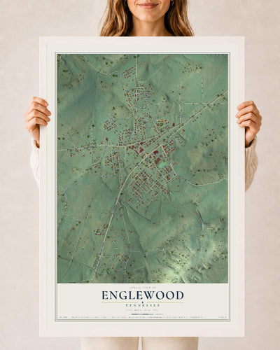Map of Englewood, Tennessee, 24 x 36 inch print in a white wood frame