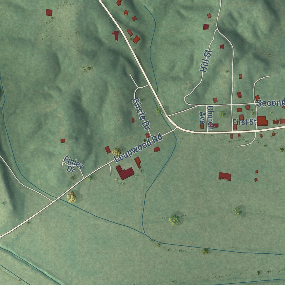 Close-up of the map of Enville, Tennessee print showing street and building detail