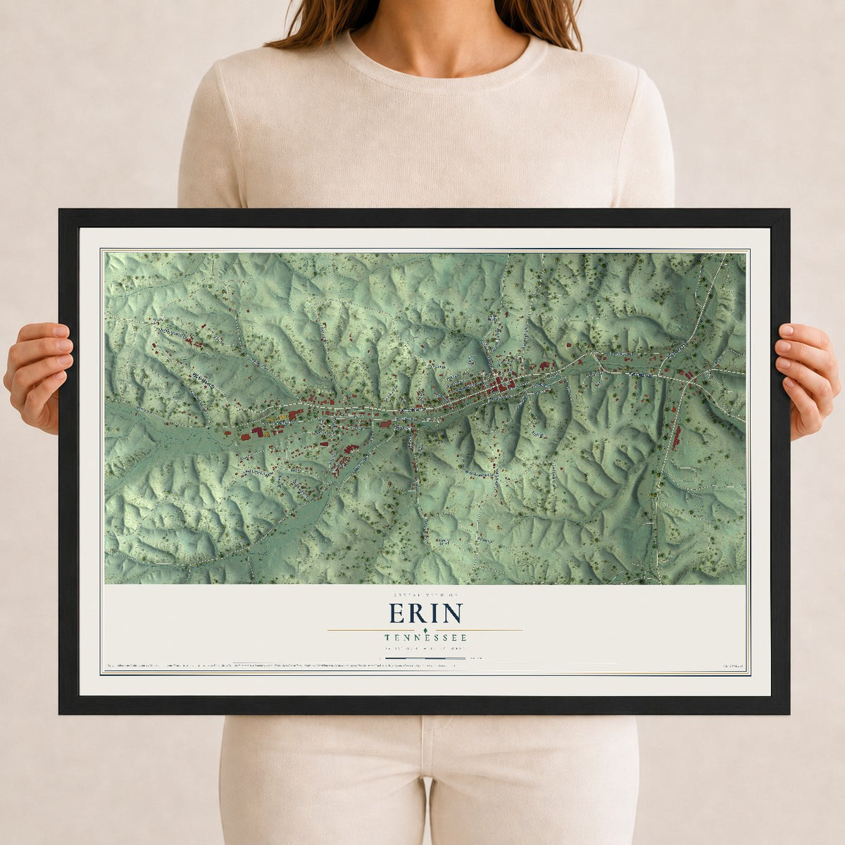 Map of Erin, Tennessee, 12 x 18 inch print in a black wood frame