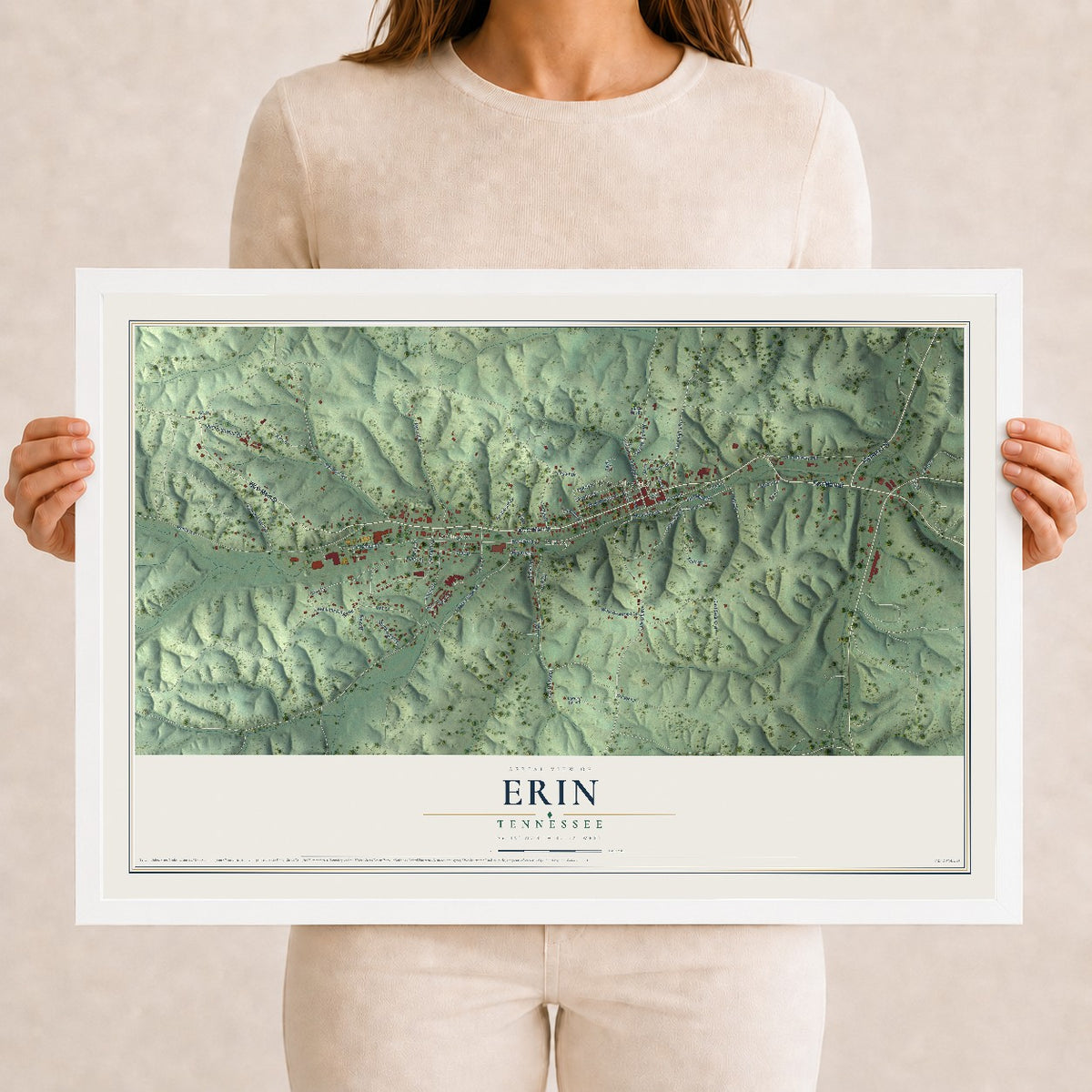 Map of Erin, Tennessee, 12 x 18 inch print in a white wood frame
