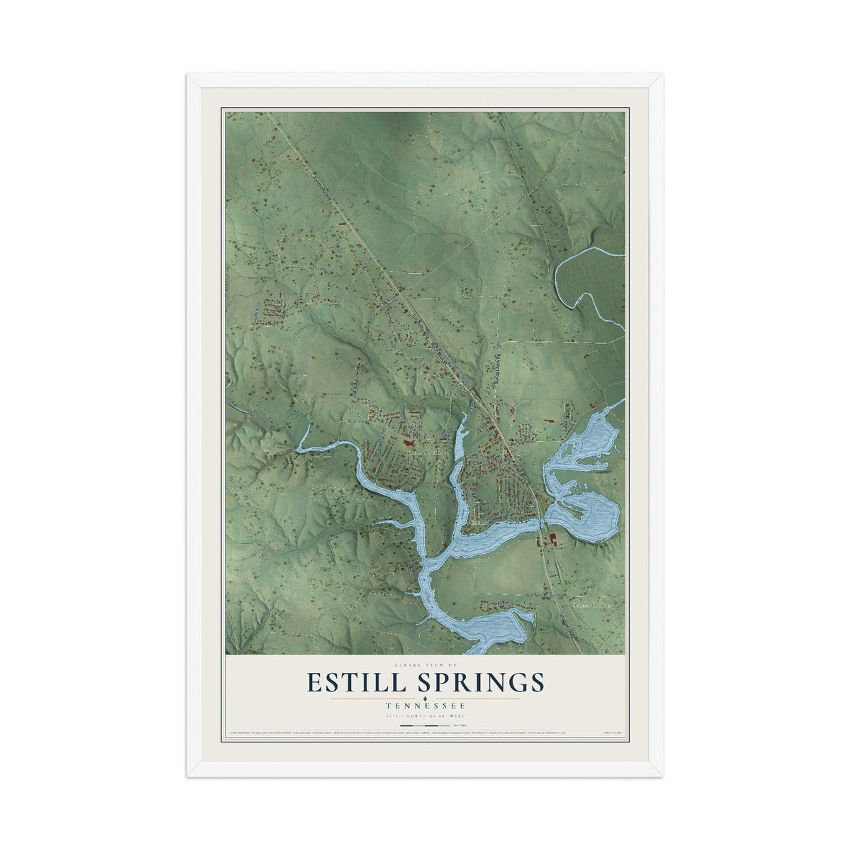 Map of Estill Springs, Tennessee, 12 x 18 inch print in a white wood frame