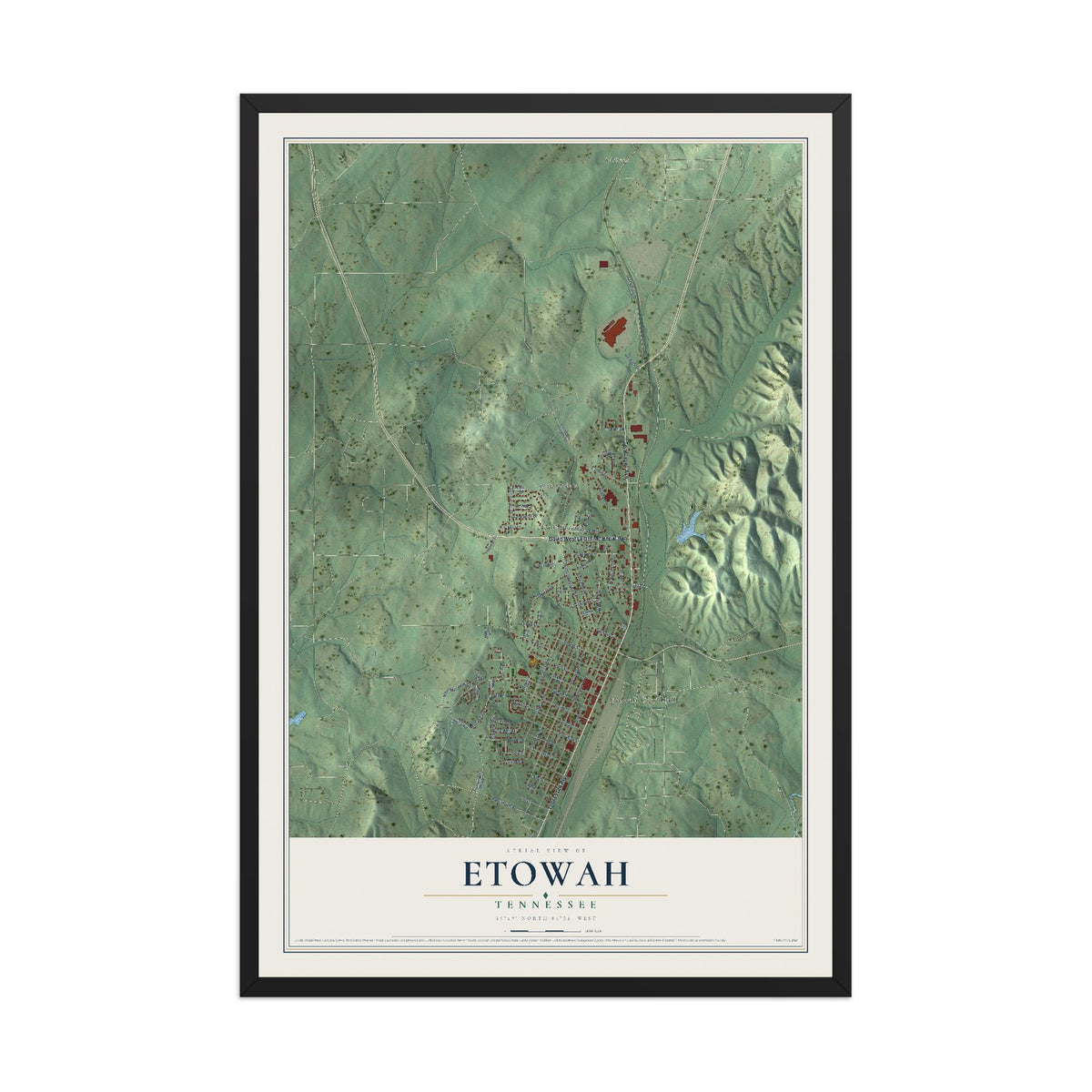 Map of Etowah, Tennessee, 12 x 18 inch print in a black wood frame