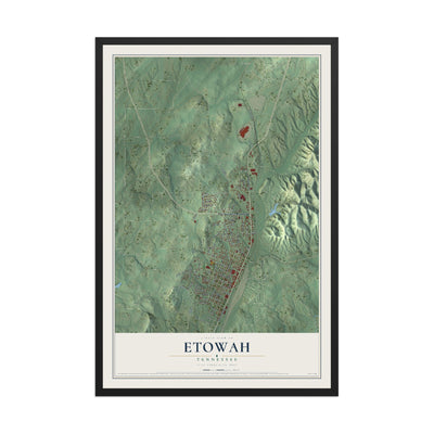 Map of Etowah, Tennessee, 12 x 18 inch print in a black wood frame