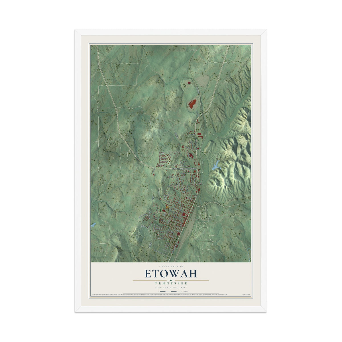 Map of Etowah, Tennessee, 12 x 18 inch print in a white wood frame
