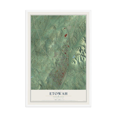 Map of Etowah, Tennessee, 12 x 18 inch print in a white wood frame