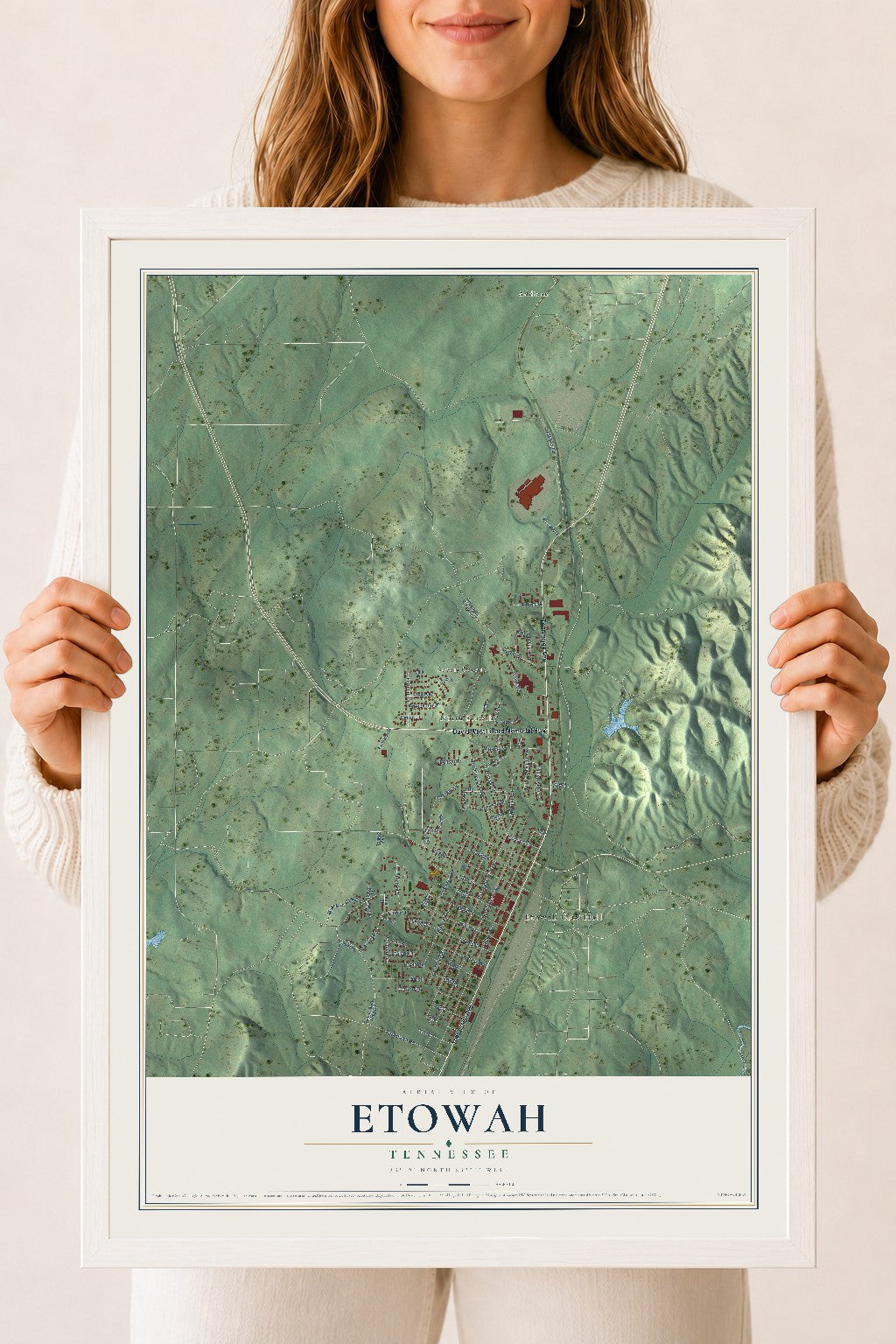 Map of Etowah, Tennessee, 18 x 24 inch print in a white wood frame