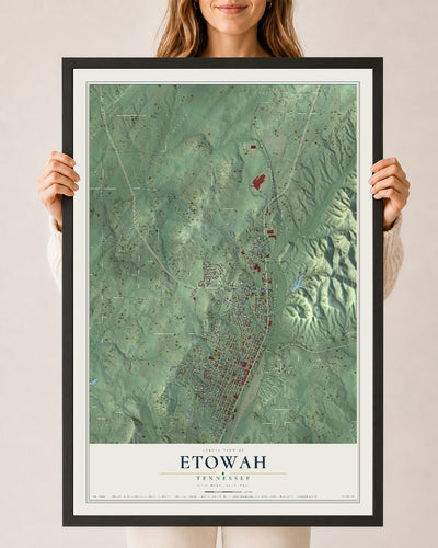 Map of Etowah, Tennessee, 24 x 36 inch print in a black wood frame