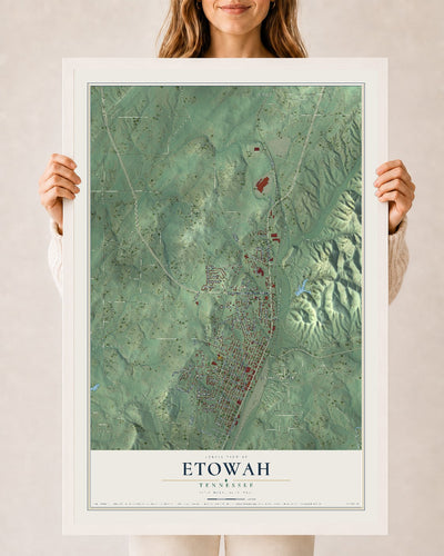 Map of Etowah, Tennessee, 24 x 36 inch print in a white wood frame