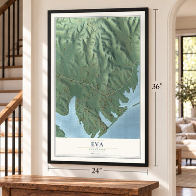 Eva, Tennessee map, 24 x 36 inch print in a black frame by a staircase