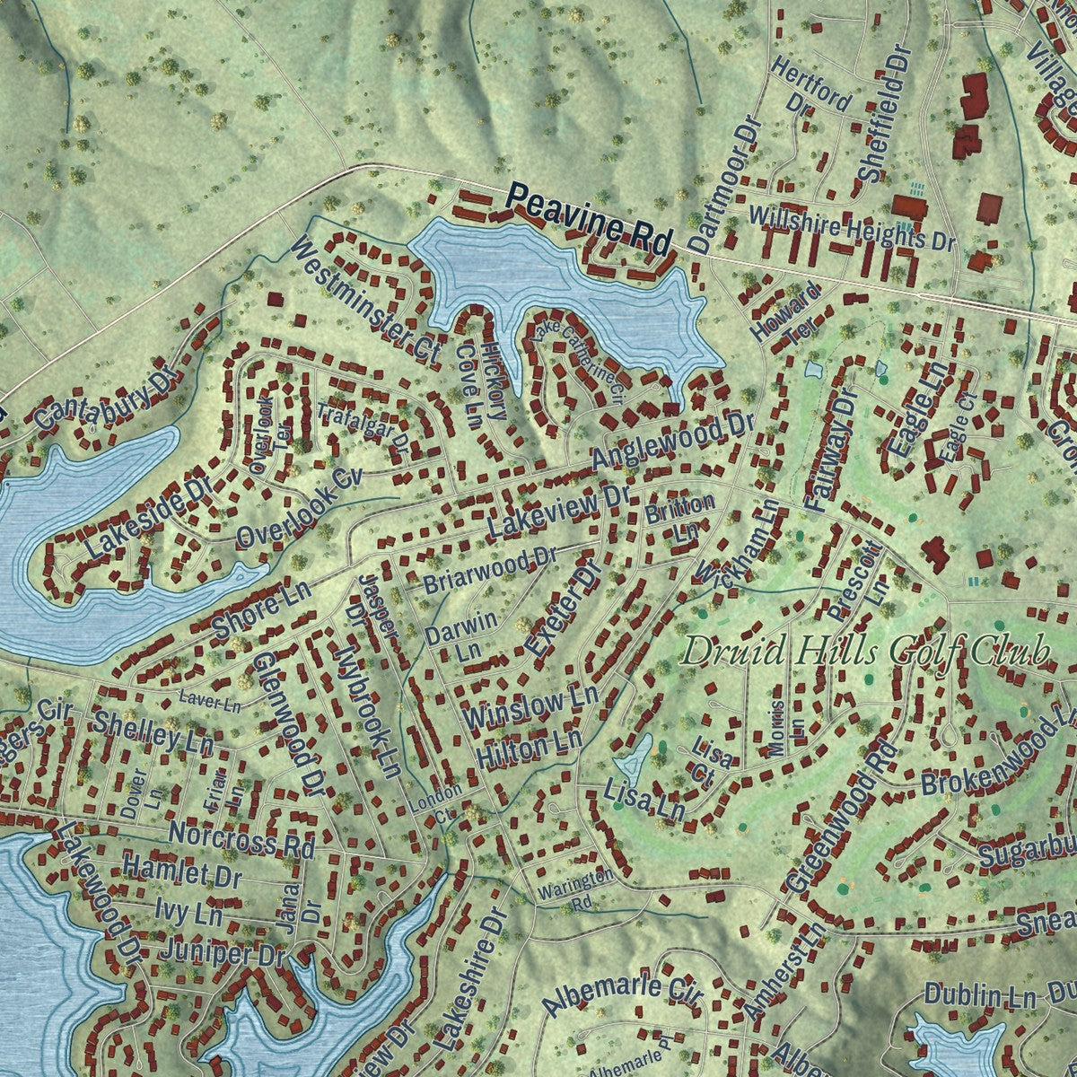Close-up of the map of Fairfield Glade, Tennessee print showing street and building detail