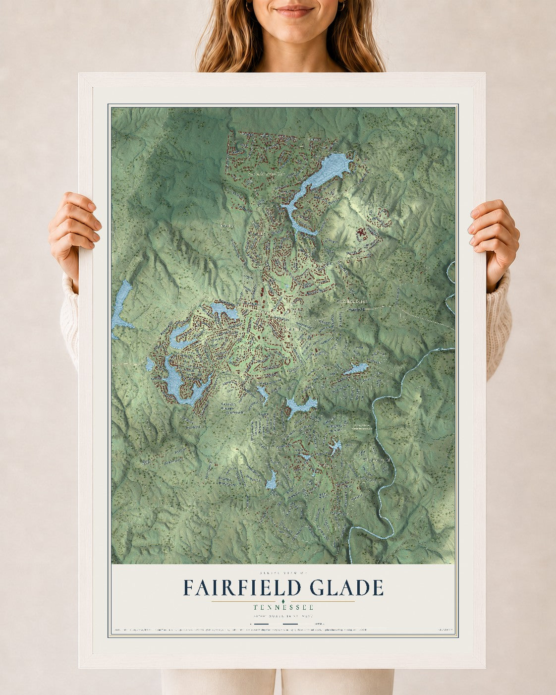 Map of Fairfield Glade, Tennessee, 24 x 36 inch print in a white wood frame