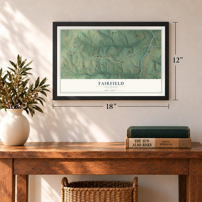 Fairfield, Tennessee map, 12 x 18 inch print in a black frame in an entryway