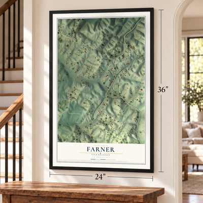 Farner, Tennessee map, 24 x 36 inch print in a black frame by a staircase