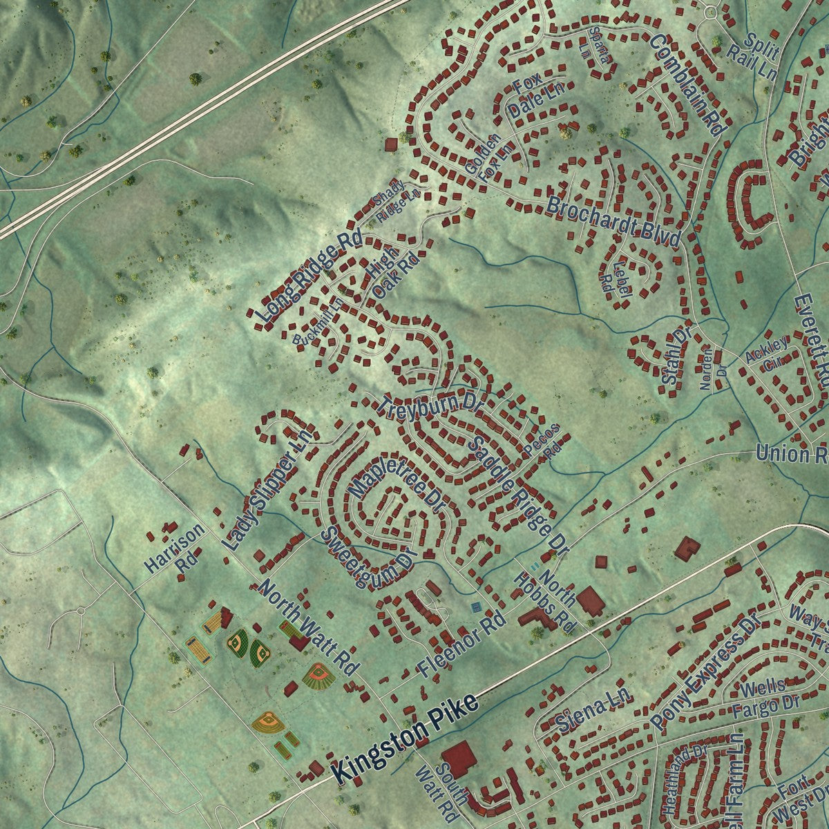 Second close-up of the map of Farragut, Tennessee print showing more streets and buildings